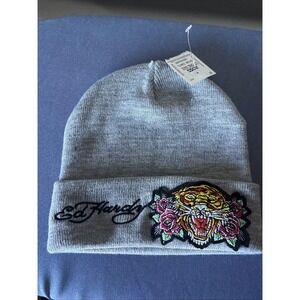 Ed Hardy Tiger Beanie Hat Big Graphic Embroidered Knitted Unisex Grey Gray New